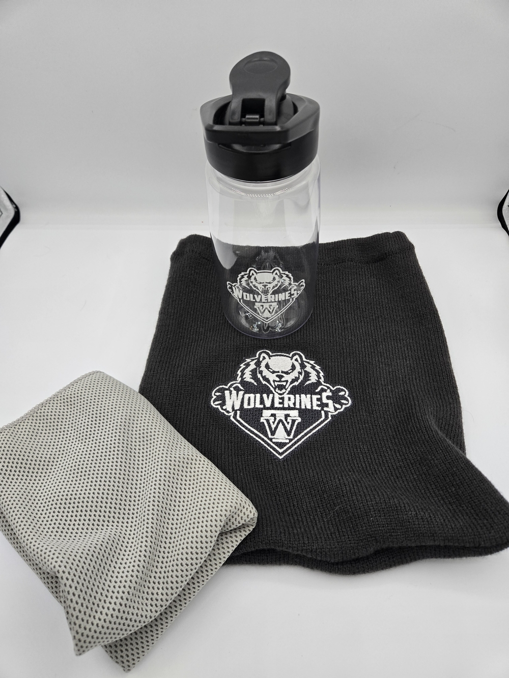 Wolverine Black and Clear Logo Bottle with Gray Mesh Pouch & Sweat Rag